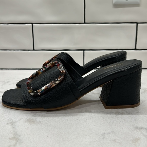 KAANAS Comino Buckle Heeled Slide Sandals Black Pebbled Leather - Picture 13 of 16